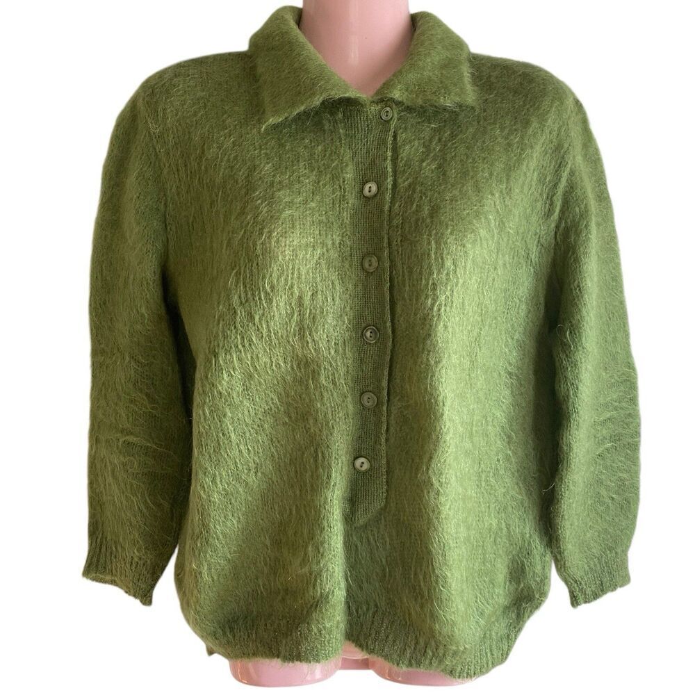 Vintage 50s Bobbie Brooks Sweater Womens Large Mohair Wool Shaggy Pullover Green